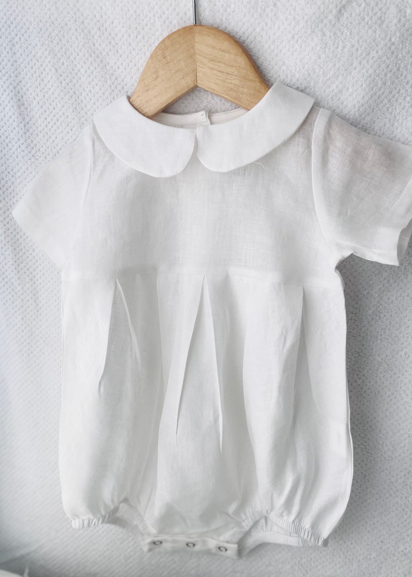Linen Baptism peter pan collar romper outfit with optional embroidery customisation