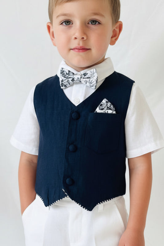 Navy blue pure linen vest waistcoat optional bow tie suspenders and embroidery