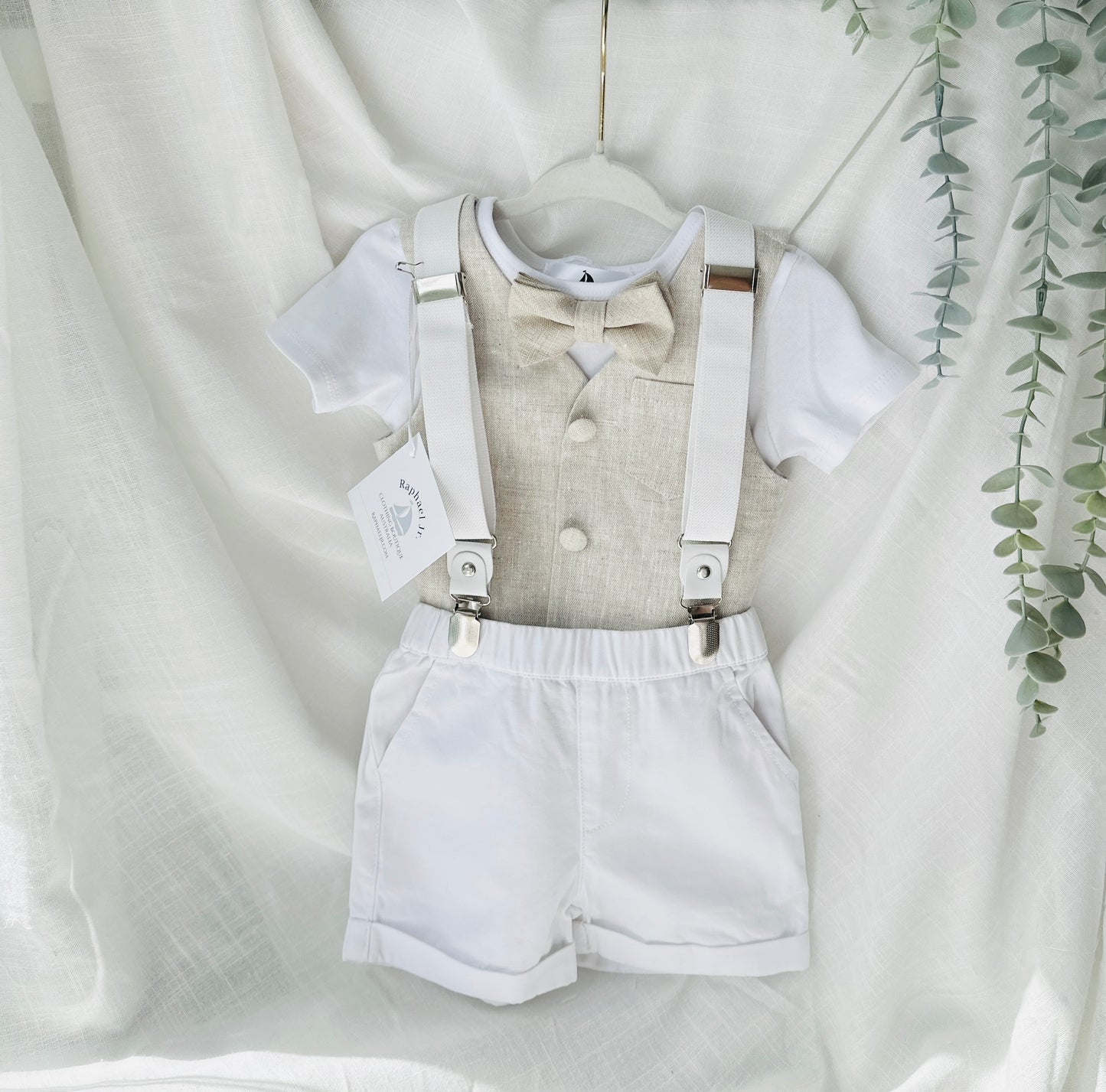 Boys white and beige cotton Baptism wedding set with vest onesie, shorts, suspenders and bow tie