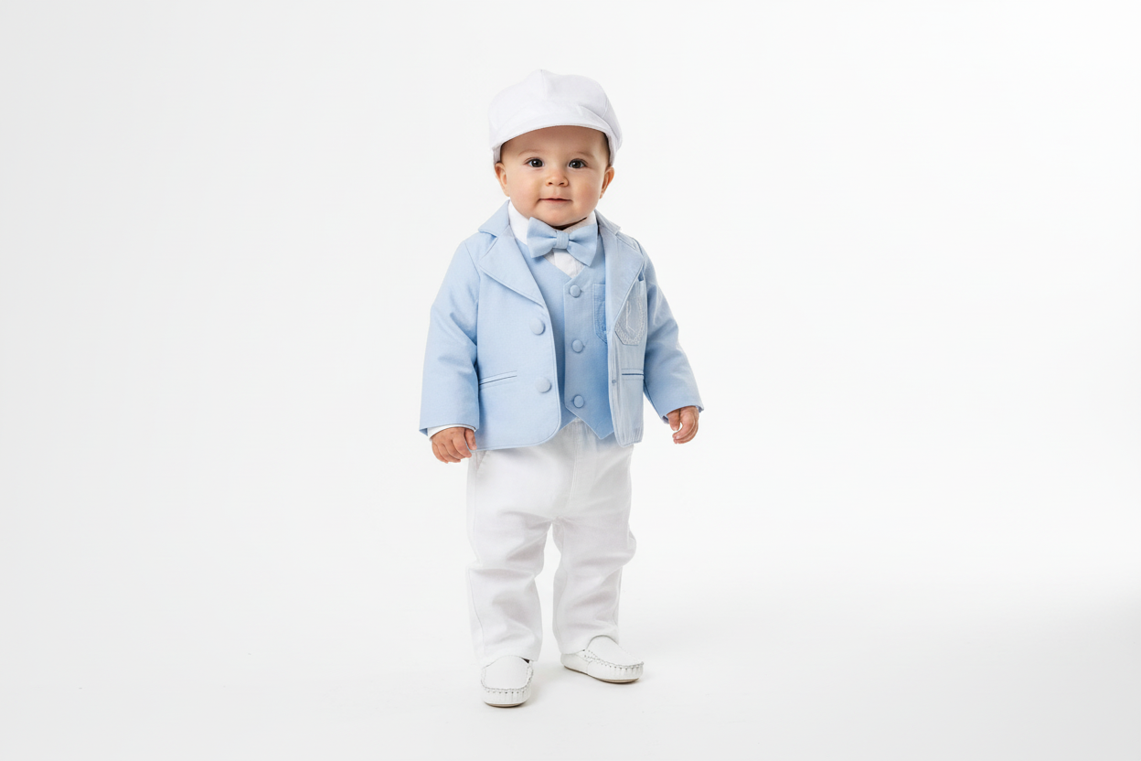 Boys pale blue and white Baptism outfit with blue vest, white linen suspender pants and shirt