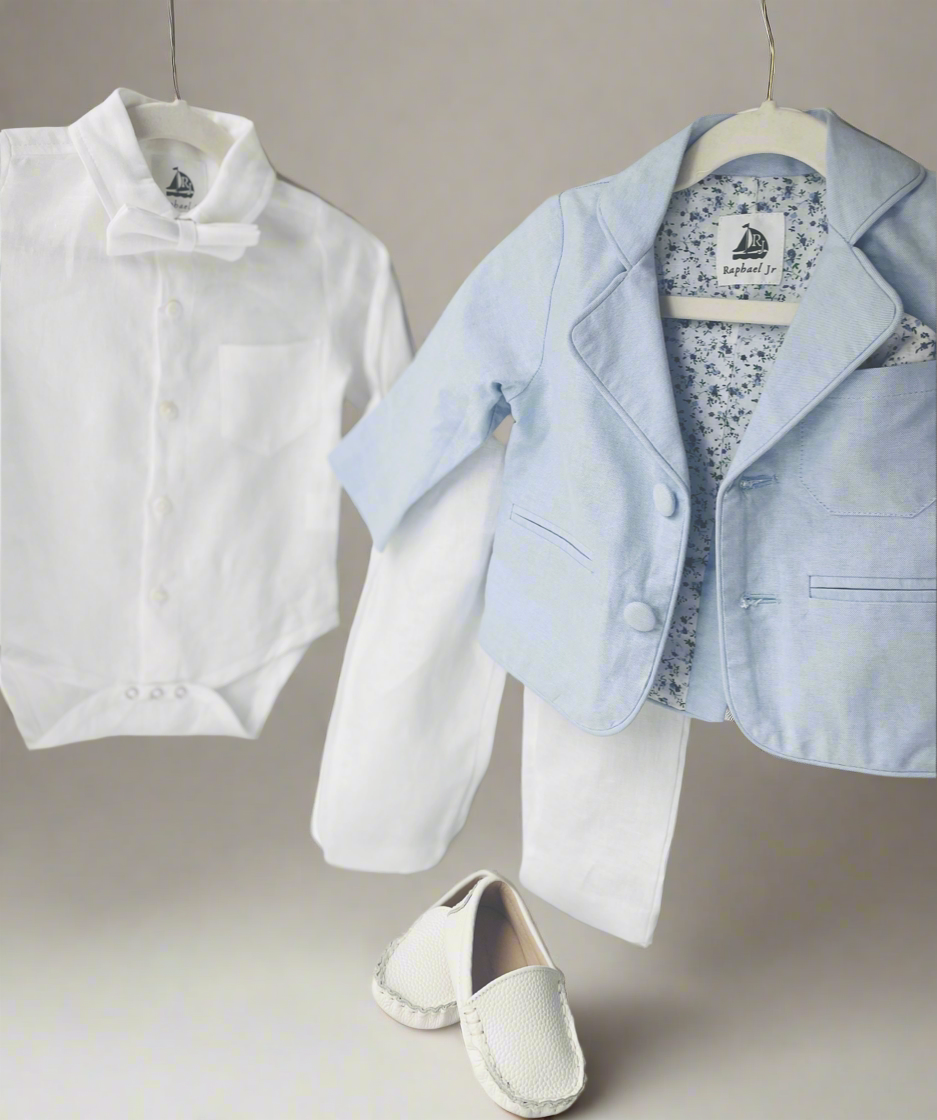 Blue chambray and white linen suit