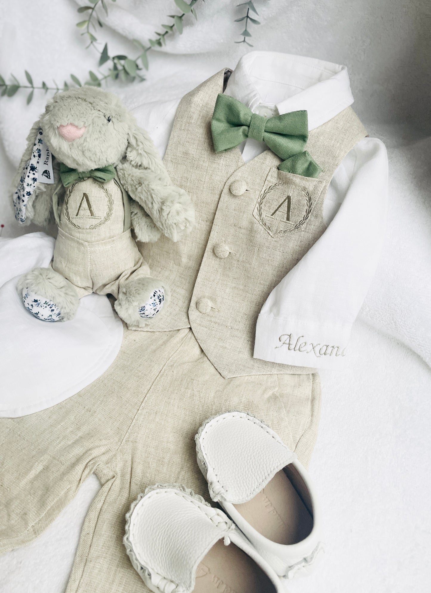 Baby and Toddler Boys white and beige linen set with vest, shirt, pants, suspenders and bowtie plus optional jacket, cap and shoes