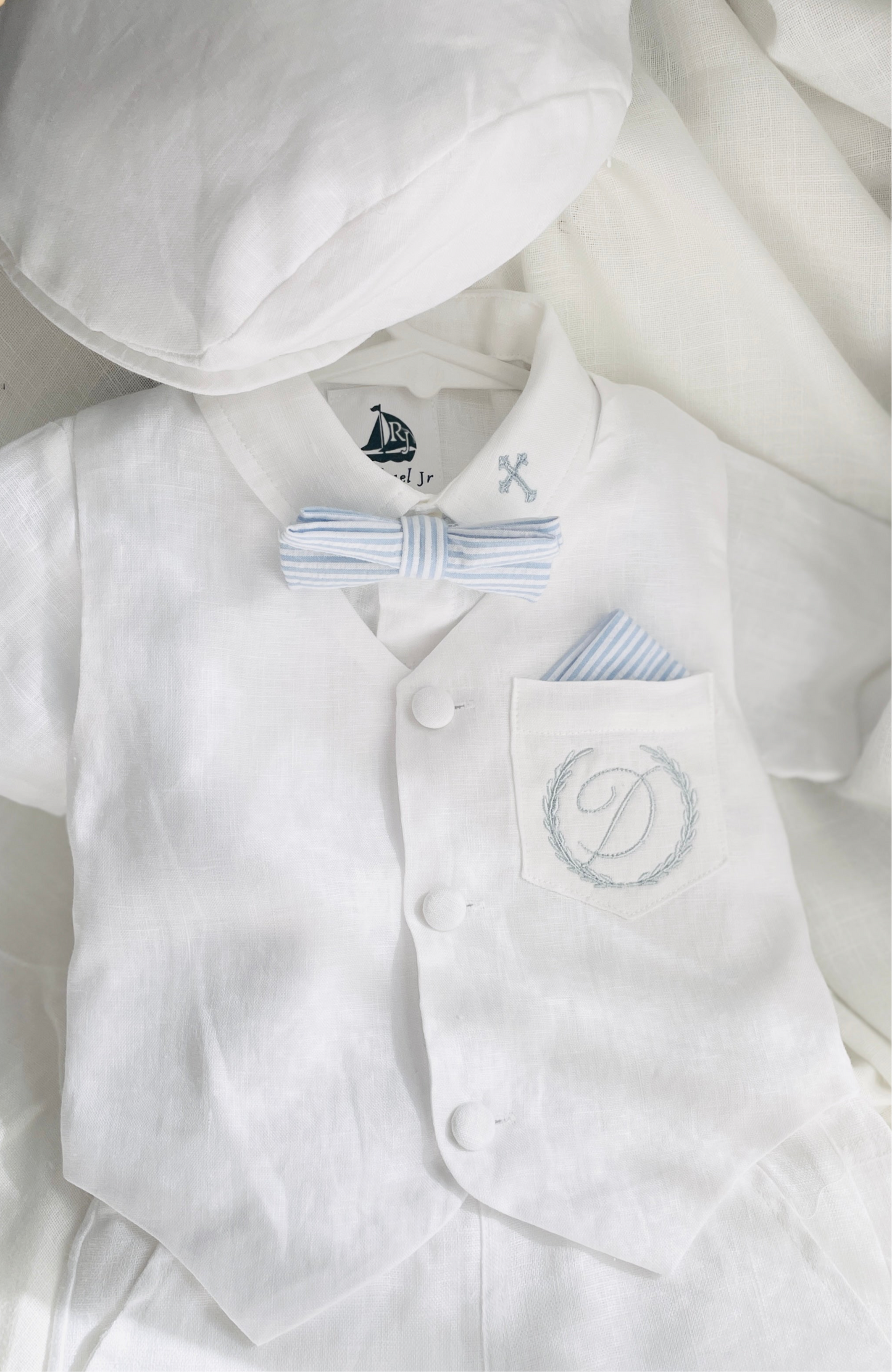 Baby and Toddler Boys white linen full length set with vest, shirt, pants, suspenders and bowtie plus optional blue blazer