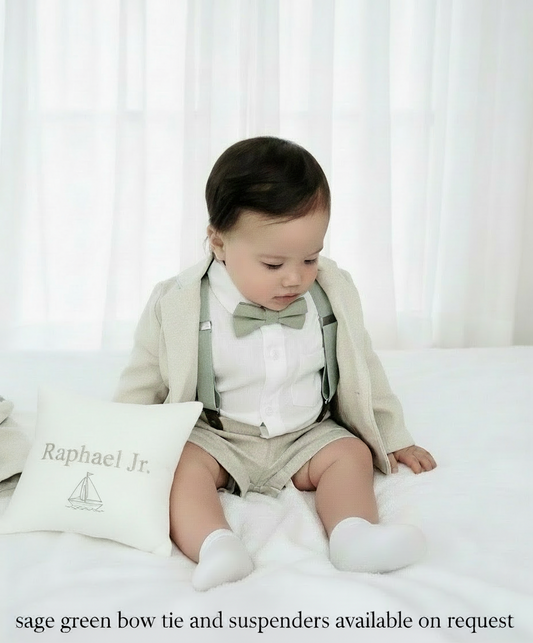 Beige Linen Baptism outfit with suspender shorts, shirt, and bow tie plus optional jacket and embroidery