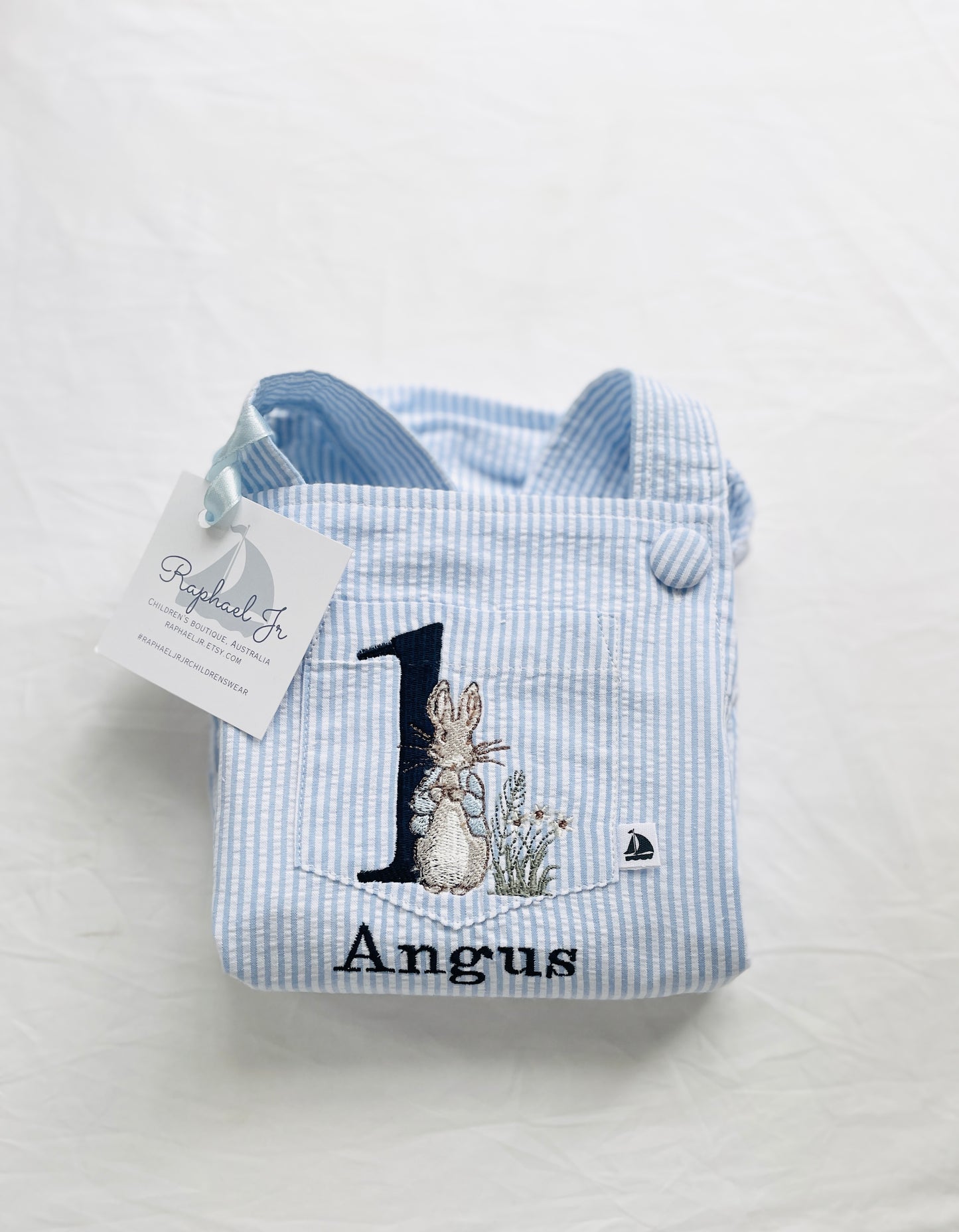 Boys Blue Seersucker Birthday romper overalls Peter Rabbit