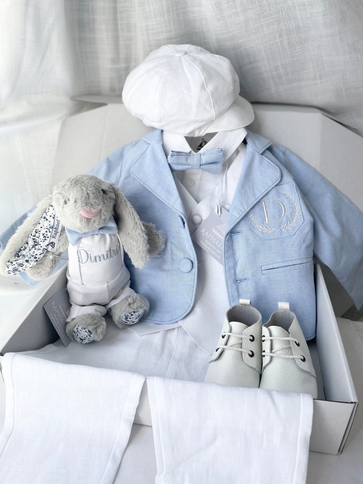 White linen baby cap for baptisms and christenings with optional embroidery