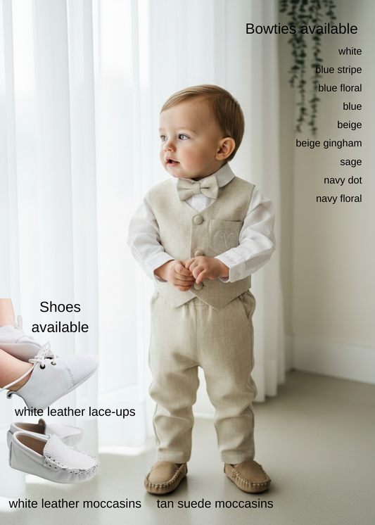 Beige Linen vest suit, shirt, pants, suspenders and bowtie plus optional jacket, cap and shoes