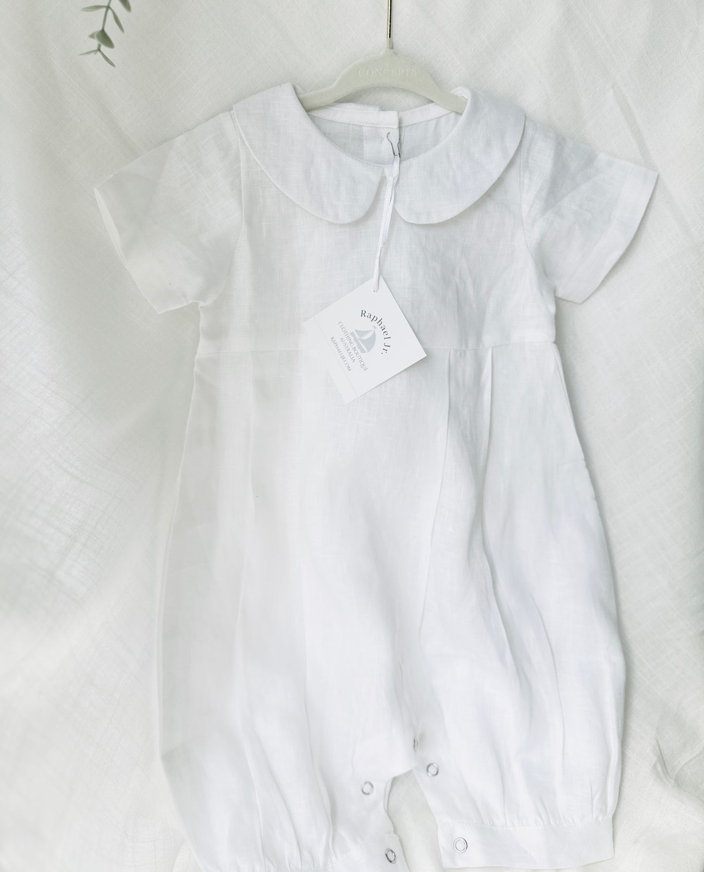 Linen Baptism romper short-all outfit with optional embroidery customisation