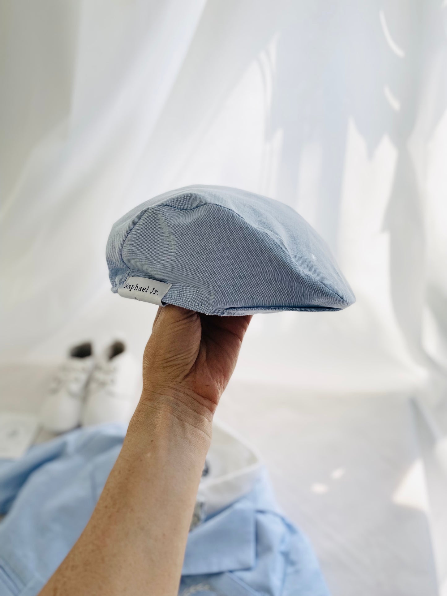 Baby and Toddler Boys pale blue chambray set with vest, pants, linen shirt, bowtie and suspenders, plus optional jacket cap and shoes