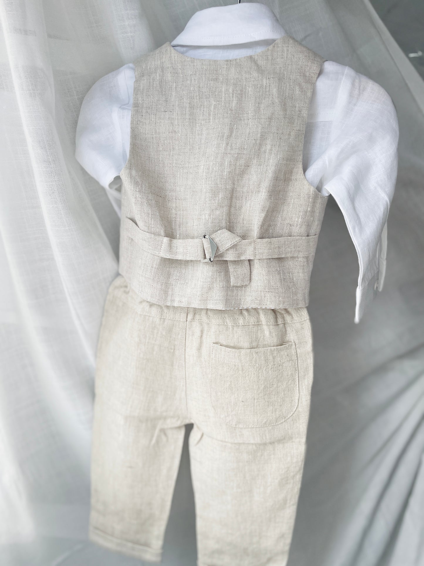 Beige linen set with vest, shirt, pants, suspenders and bowtie plus optional jacket, cap and shoes