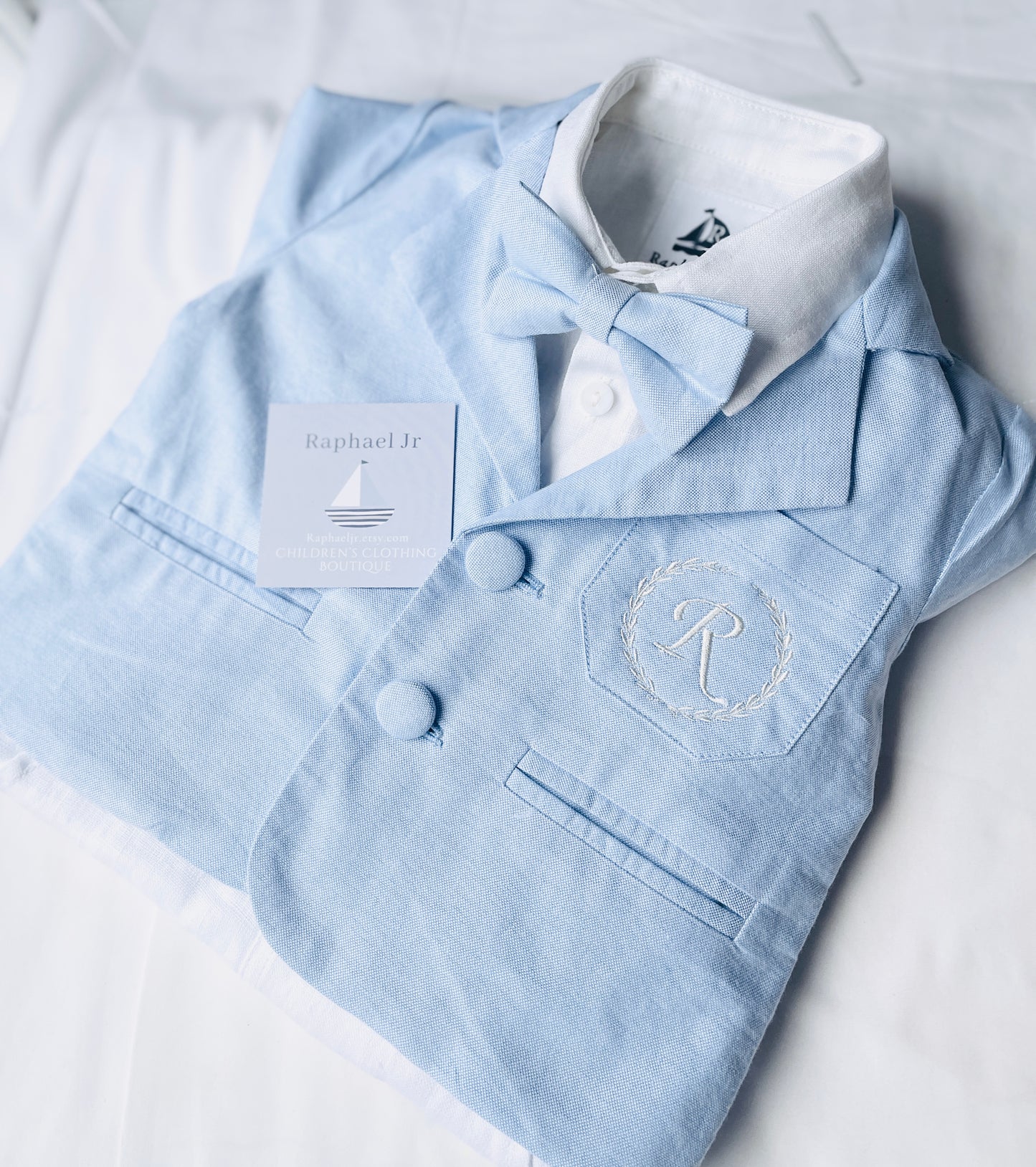 White and blue linen Baptism or Wedding Suit with Accessories and Embroidery Available