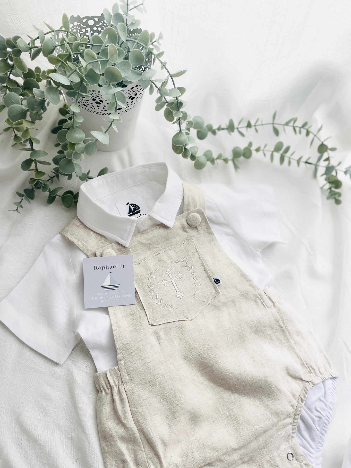 Baby and Toddler boys beige and white linen baptism romper and shirt set
