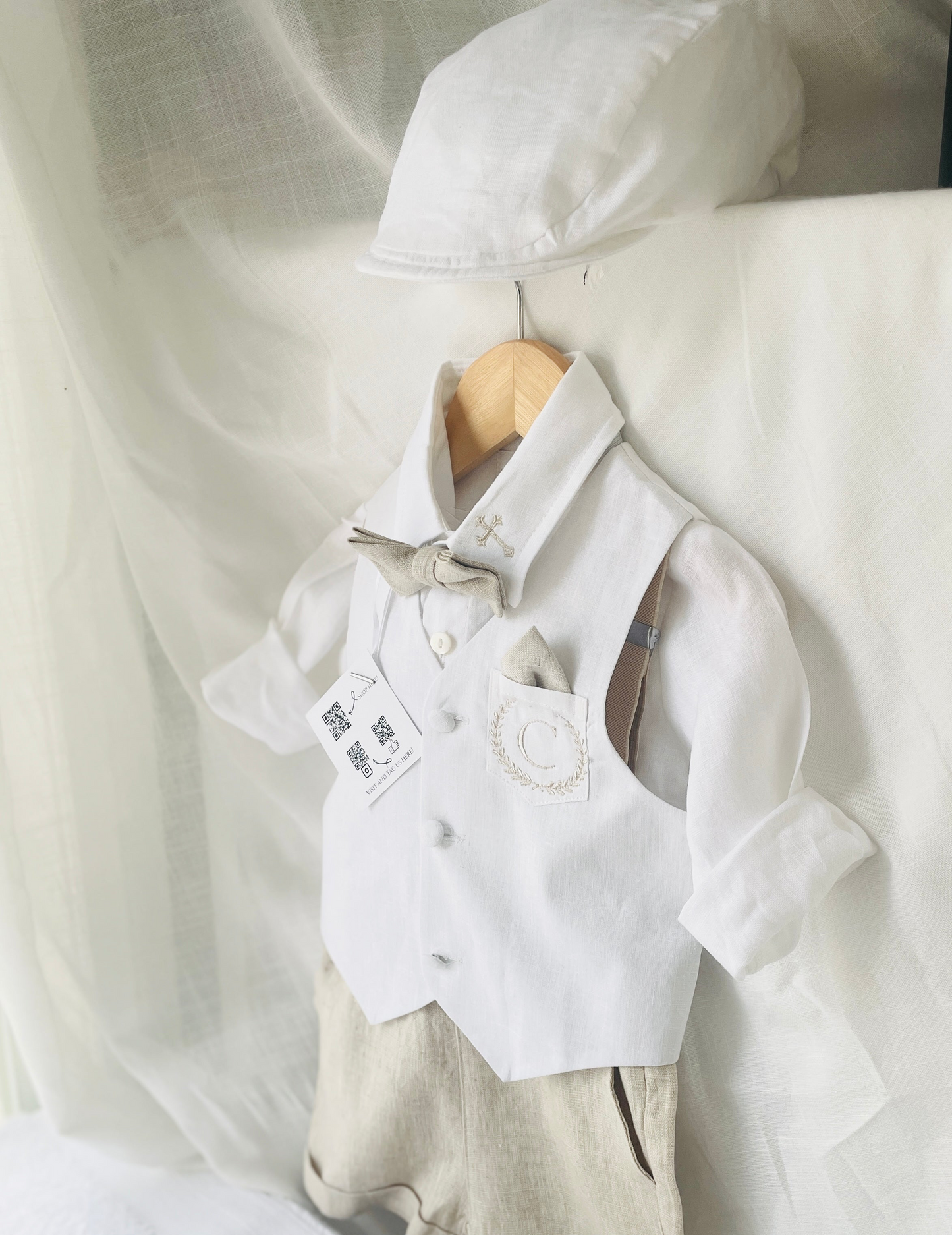 Boys white and beige linen set with vest, shirt, shorts, suspenders and bowtie