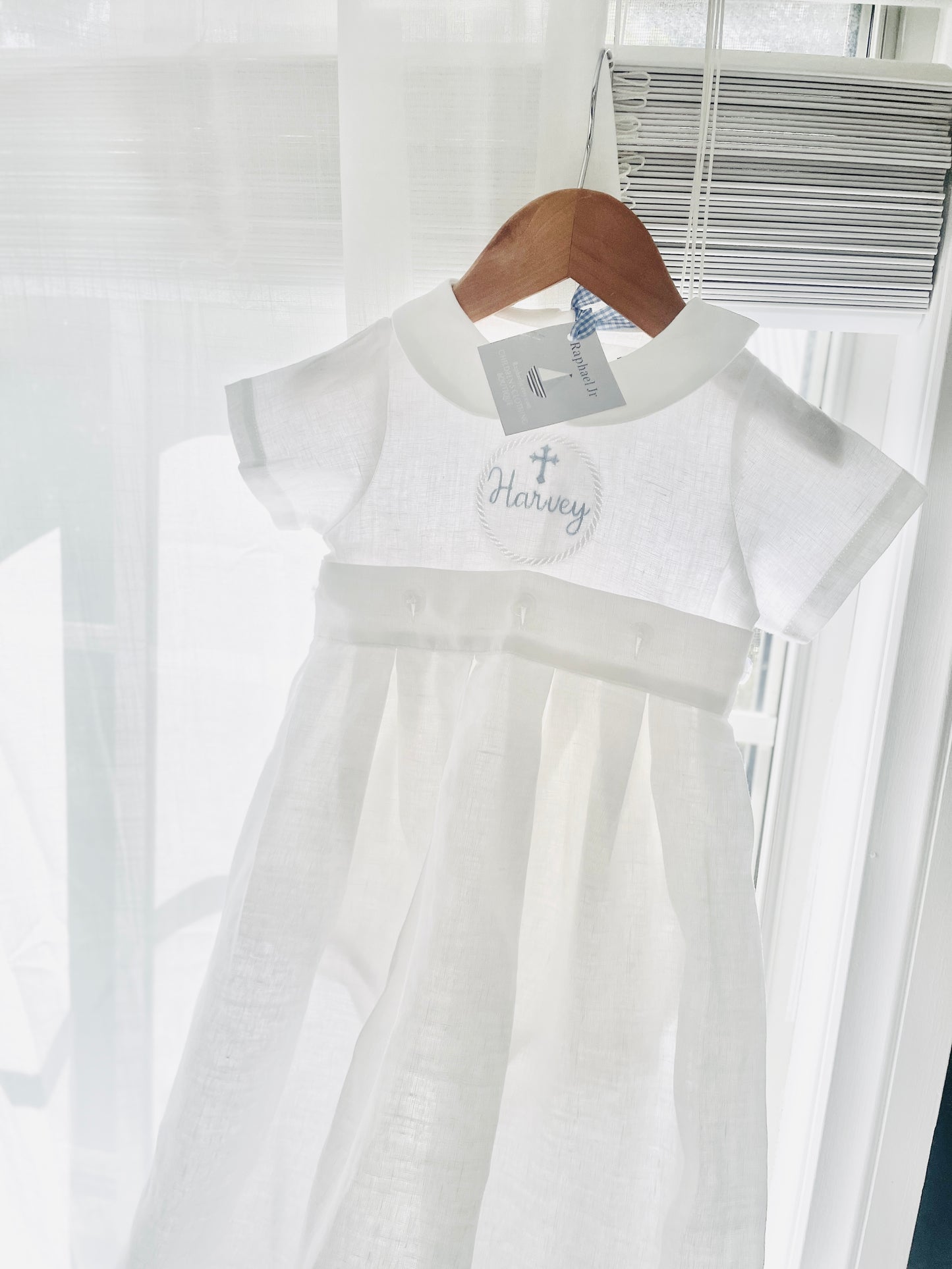 White Linen Baptism Gown romper with detachable skirt dress and optional embroidery