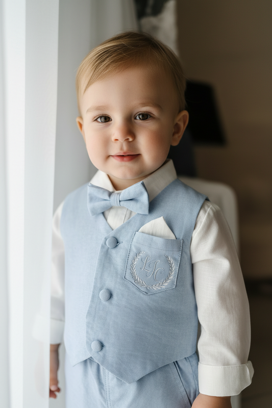Pale blue summer vest set with blue vest, suspender shorts white shirt and bowtie