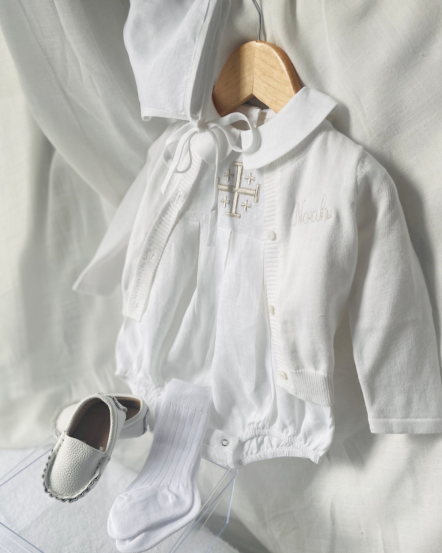 Linen Baptism peter pan collar romper outfit with optional embroidery customisation