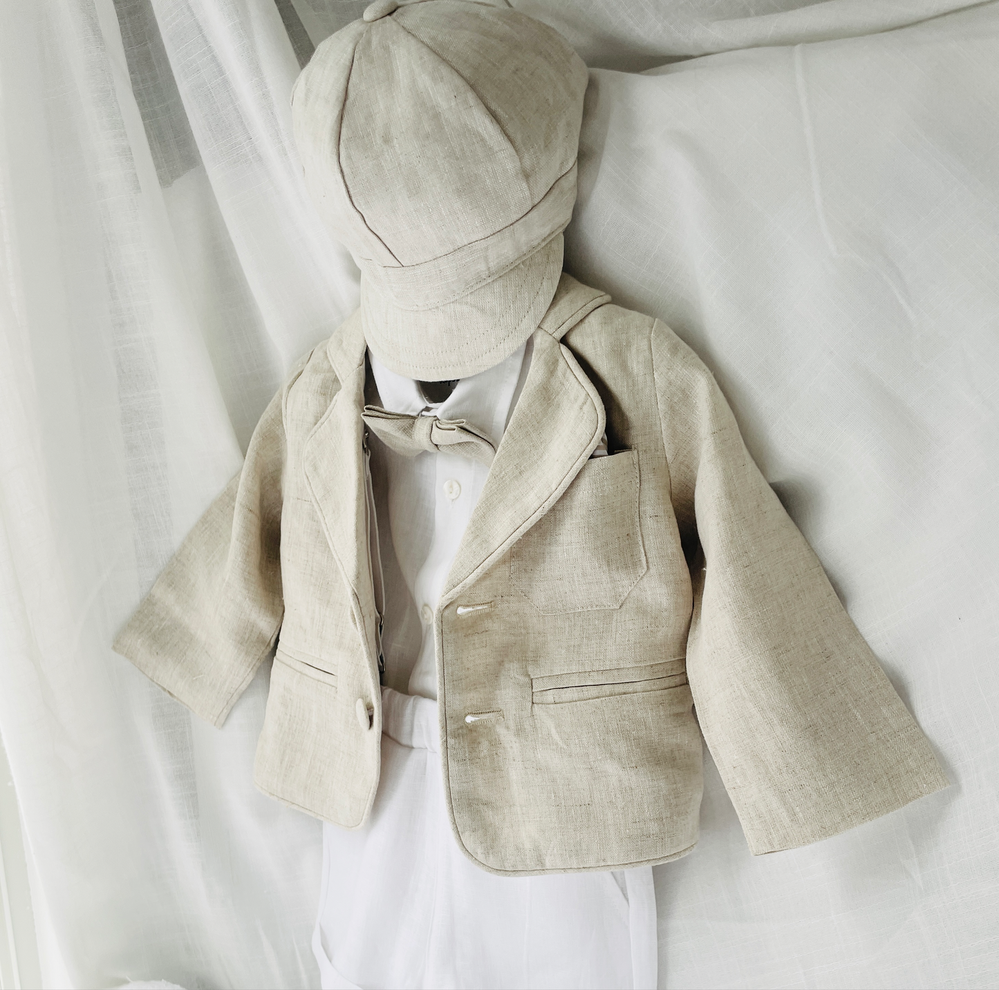 White and Beige Linen Set with optional Jacket Accessories and Embroidery Available