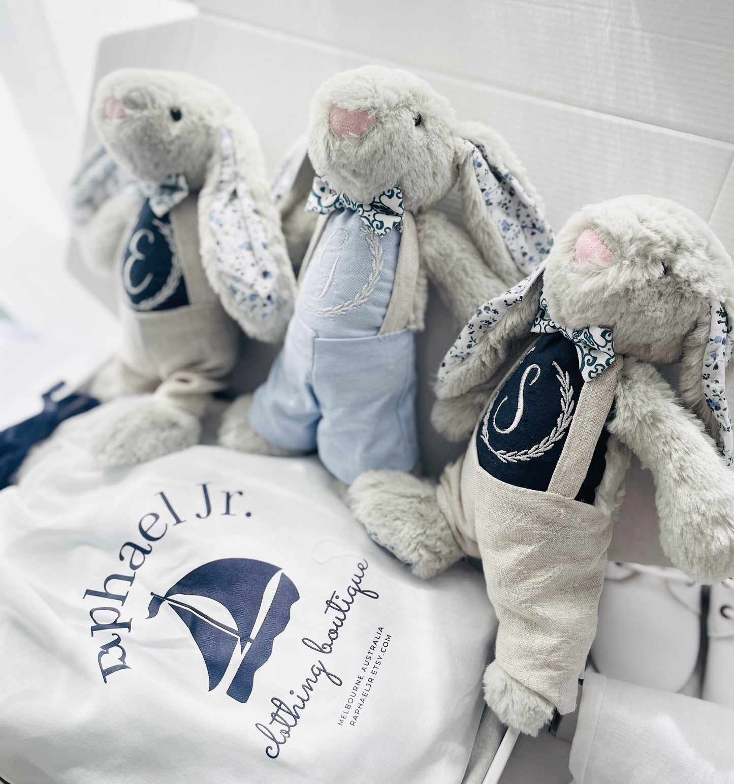 Grey fluffy christening bunny rabbit toy in little suit and bow tie to match babys outfit embroidery optional