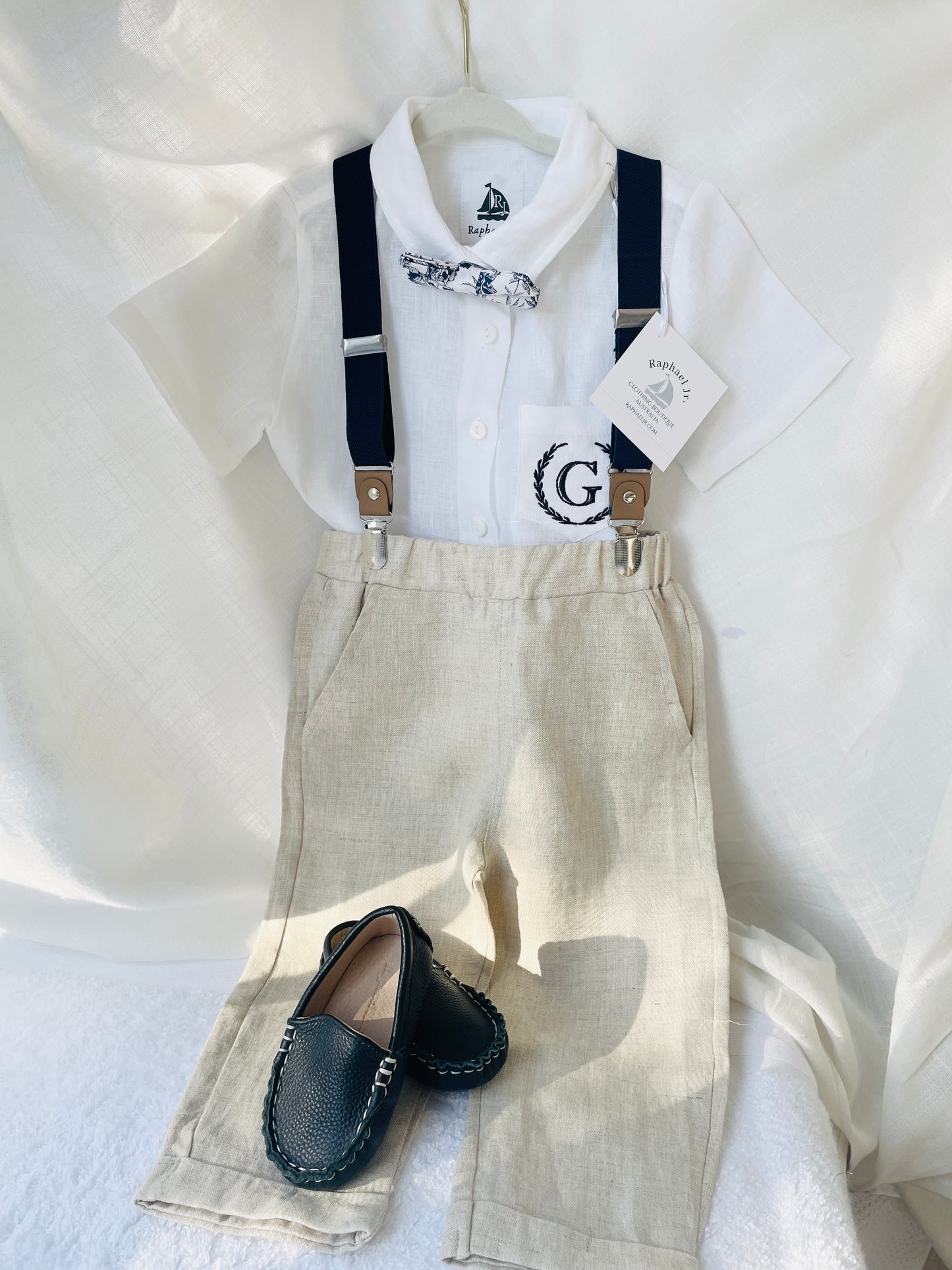 Navy blue and beige formal baptism or wedding suit with accessories and optional personalisation