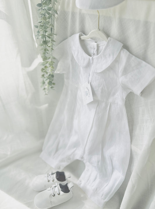 Linen Baptism romper short-all outfit with optional embroidery customisation