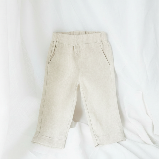 Baby and Toddler Boys beige natural pure linen pants with optional suspenders
