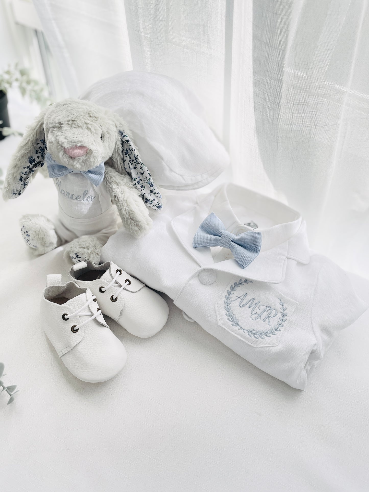 White linen Baptism suit set with pants, shirt, suspenders and bowtie plus optional extras
