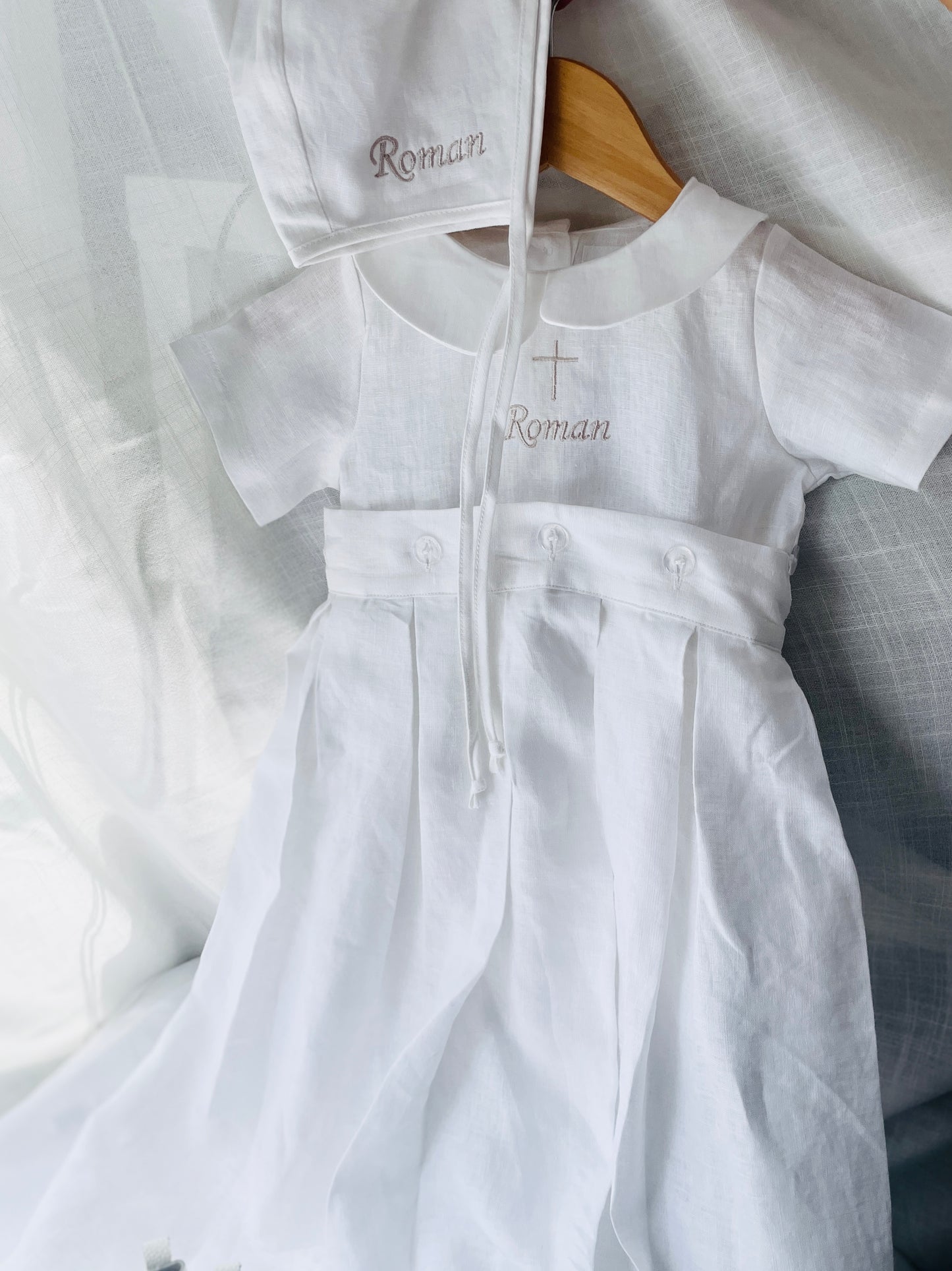 White Linen Baptism Gown romper with detachable skirt dress and optional embroidery