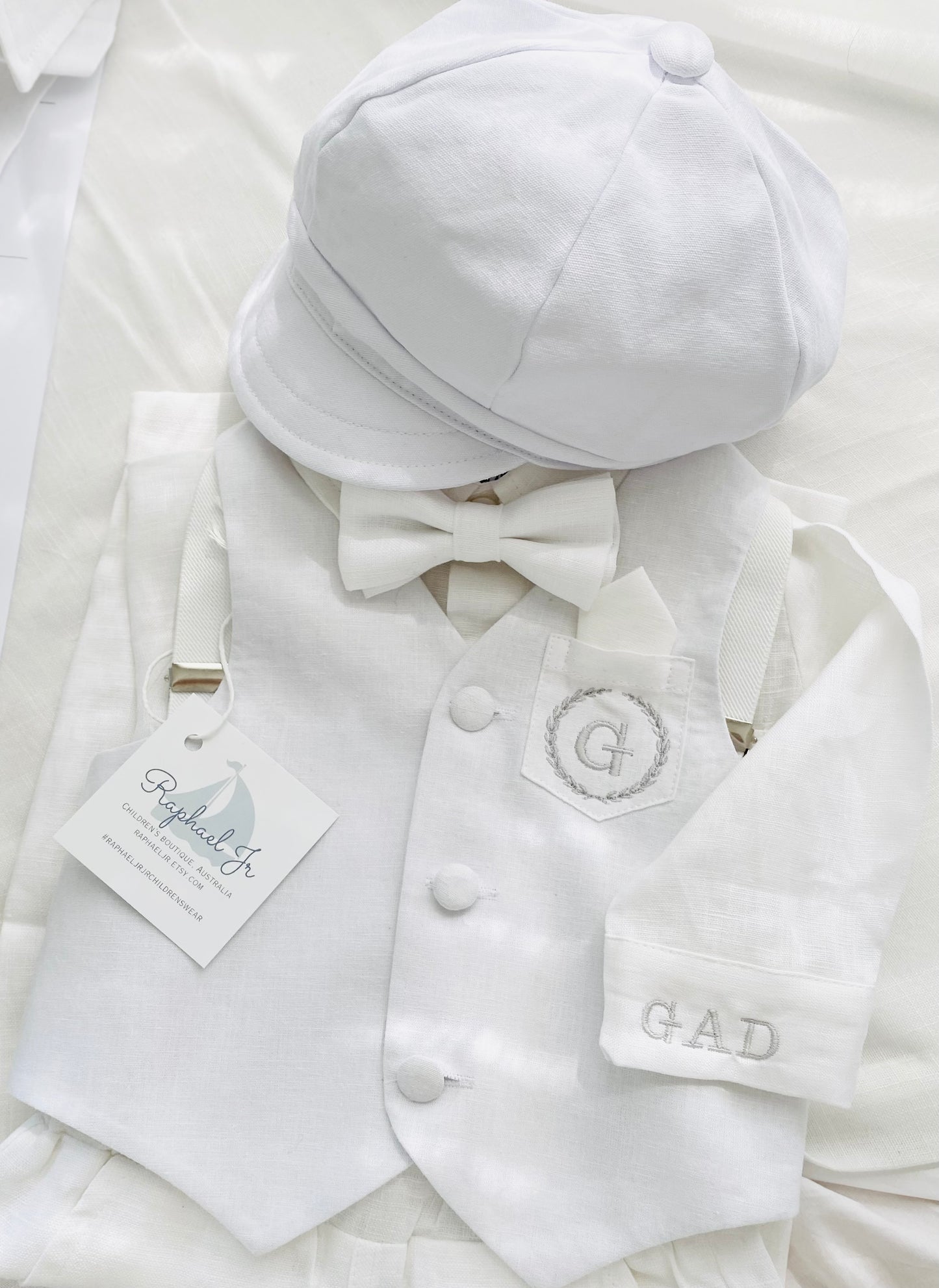 White linen baby cap for baptisms and christenings with optional embroidery