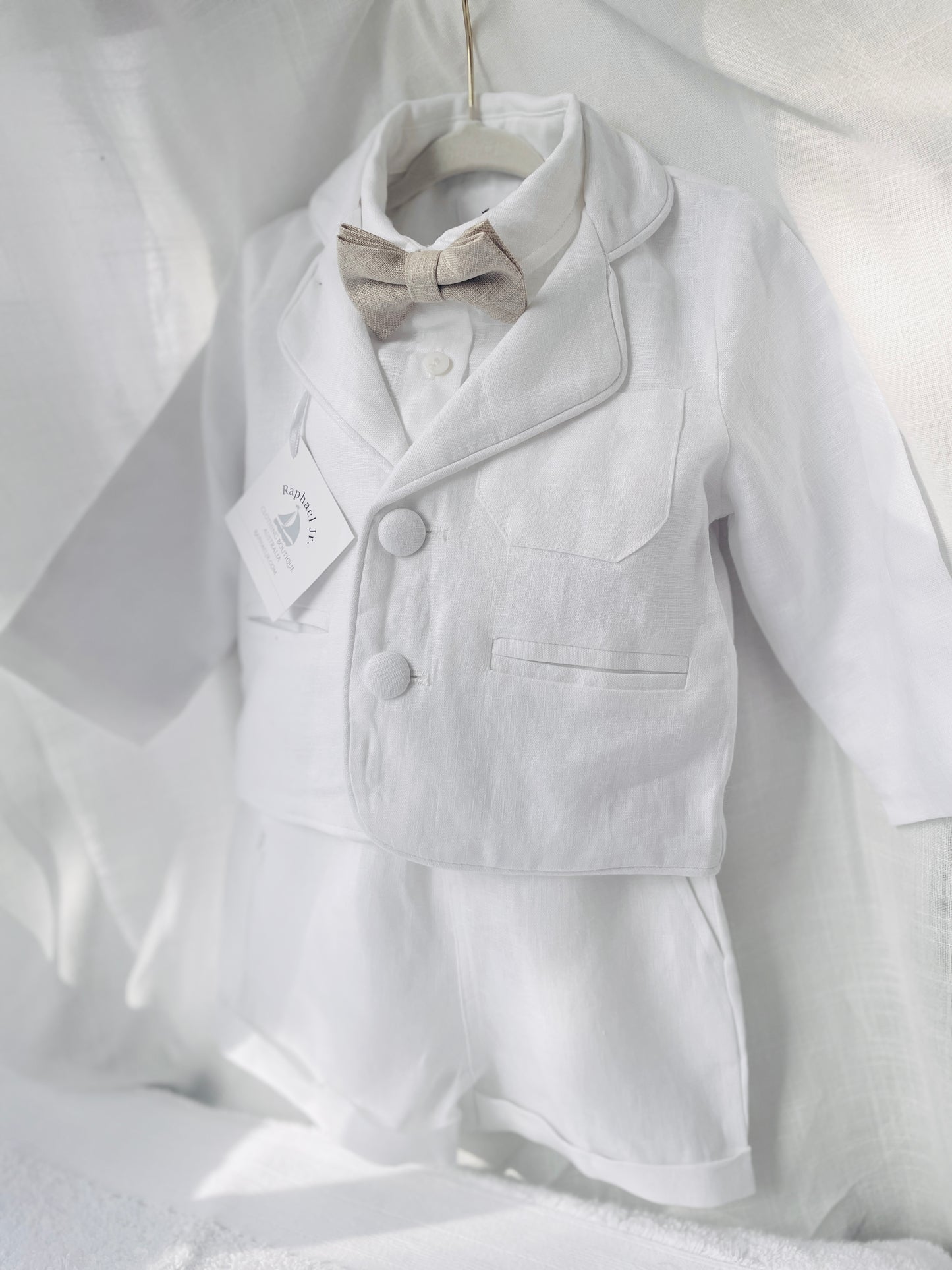 White linen summer baptism set with shirt shorts suspenders bow tie and optional jacket