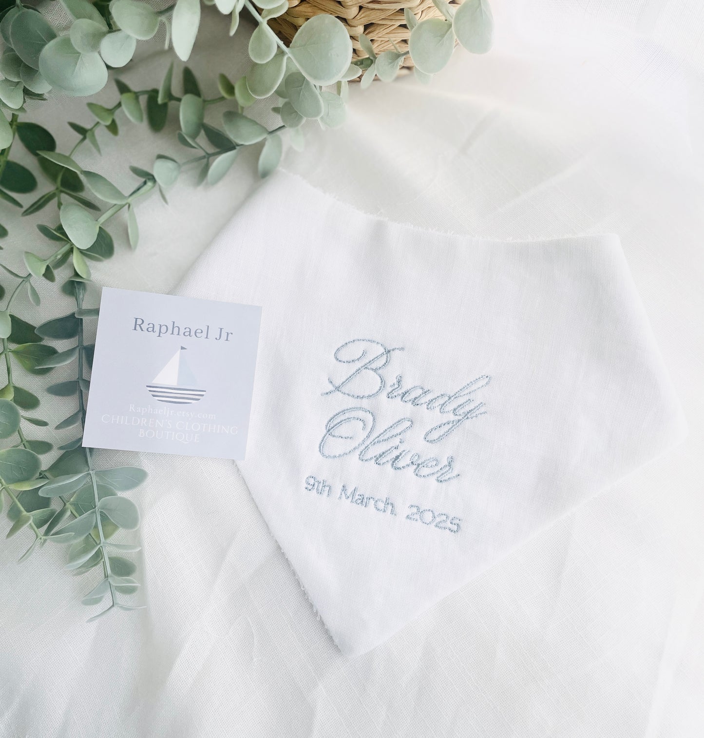 White linen baby dribble bandana baptism Christening bib with optional cross or custom embroidery