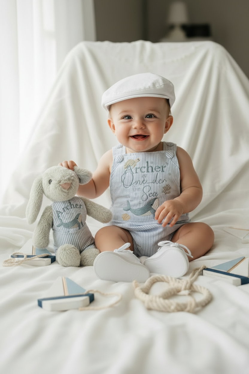 Baby and Toddler boys blue and white linen baptism and birthday romper and shirt set