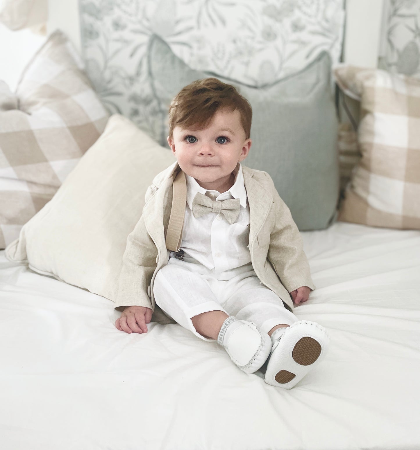 White and Beige Linen Set with optional Jacket Accessories and Embroidery Available