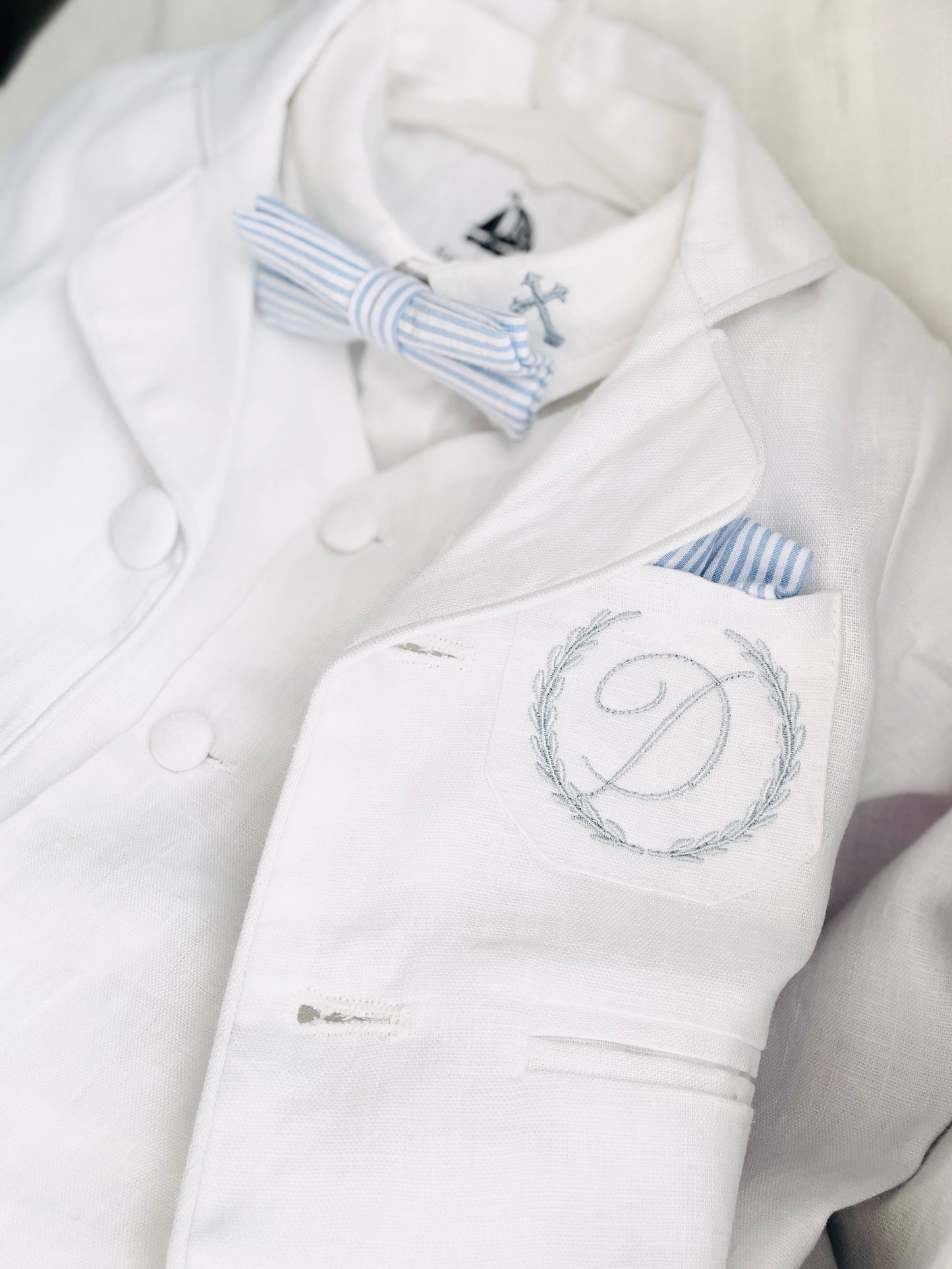 Baby and Toddler Boys white linen full length set with vest, shirt, pants, suspenders and bowtie