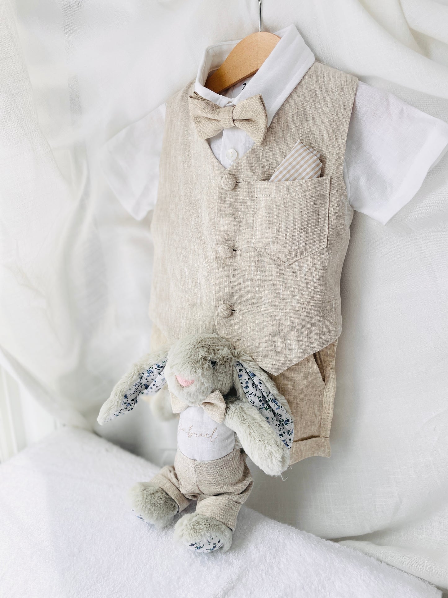 Beige Linen Shorts Shirt Suspenders and Vest set with Optional Cap Jacket and Embroidery