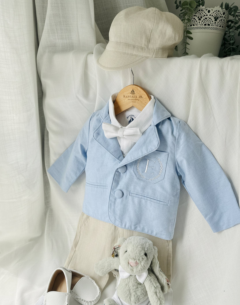 Boys Pale Blue chambray Jacket and beige Linen pants suit