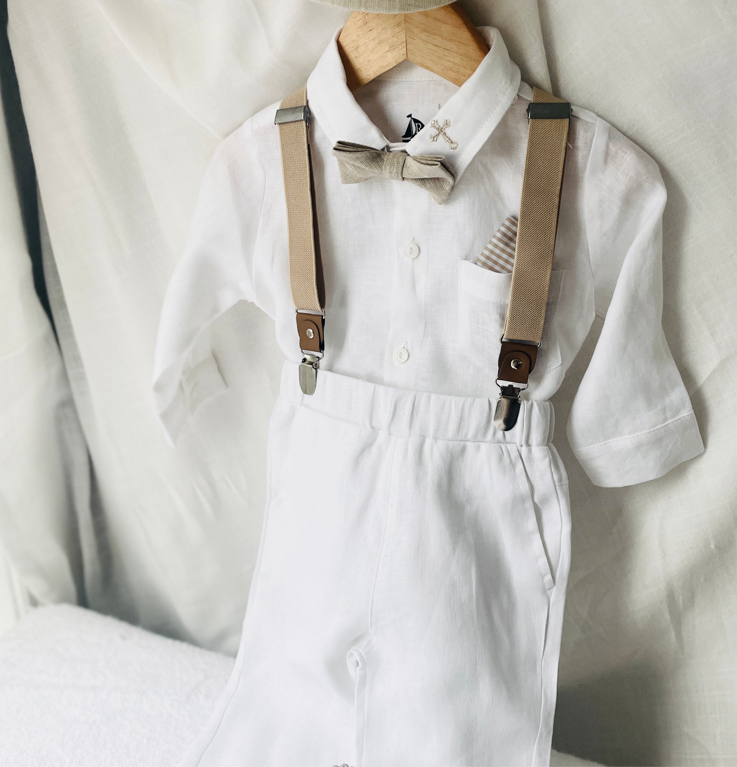 White and Beige Linen Set with optional Jacket Accessories and Embroidery Available