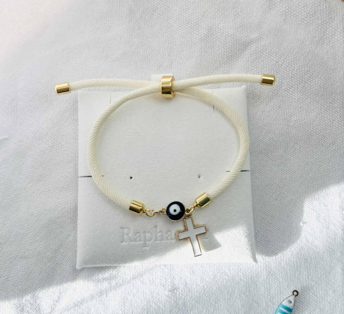 Evil eye bracelet white rope with gold clasps and optional charm