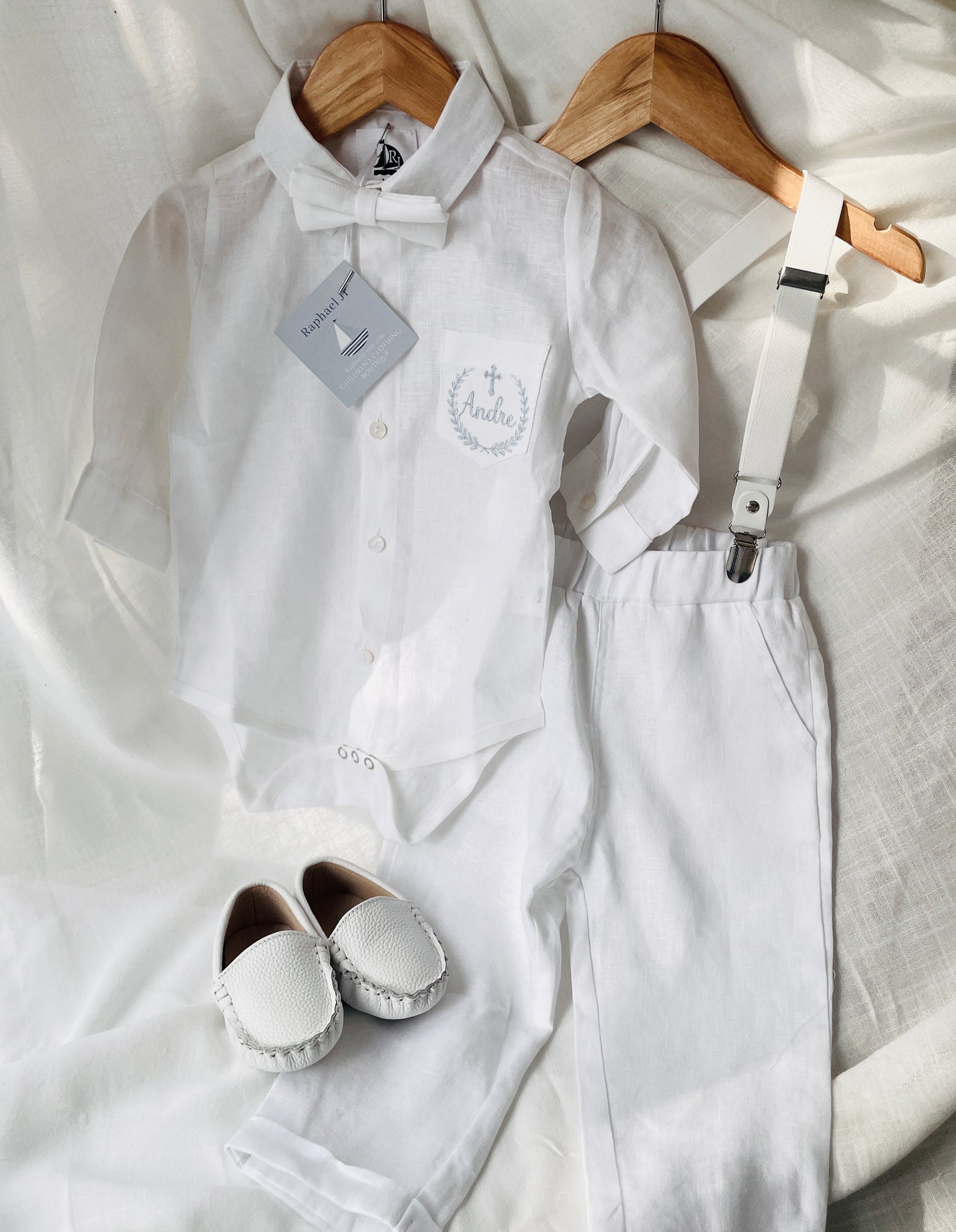 White linen Baptism Suit set with Accessories and optional Embroidery