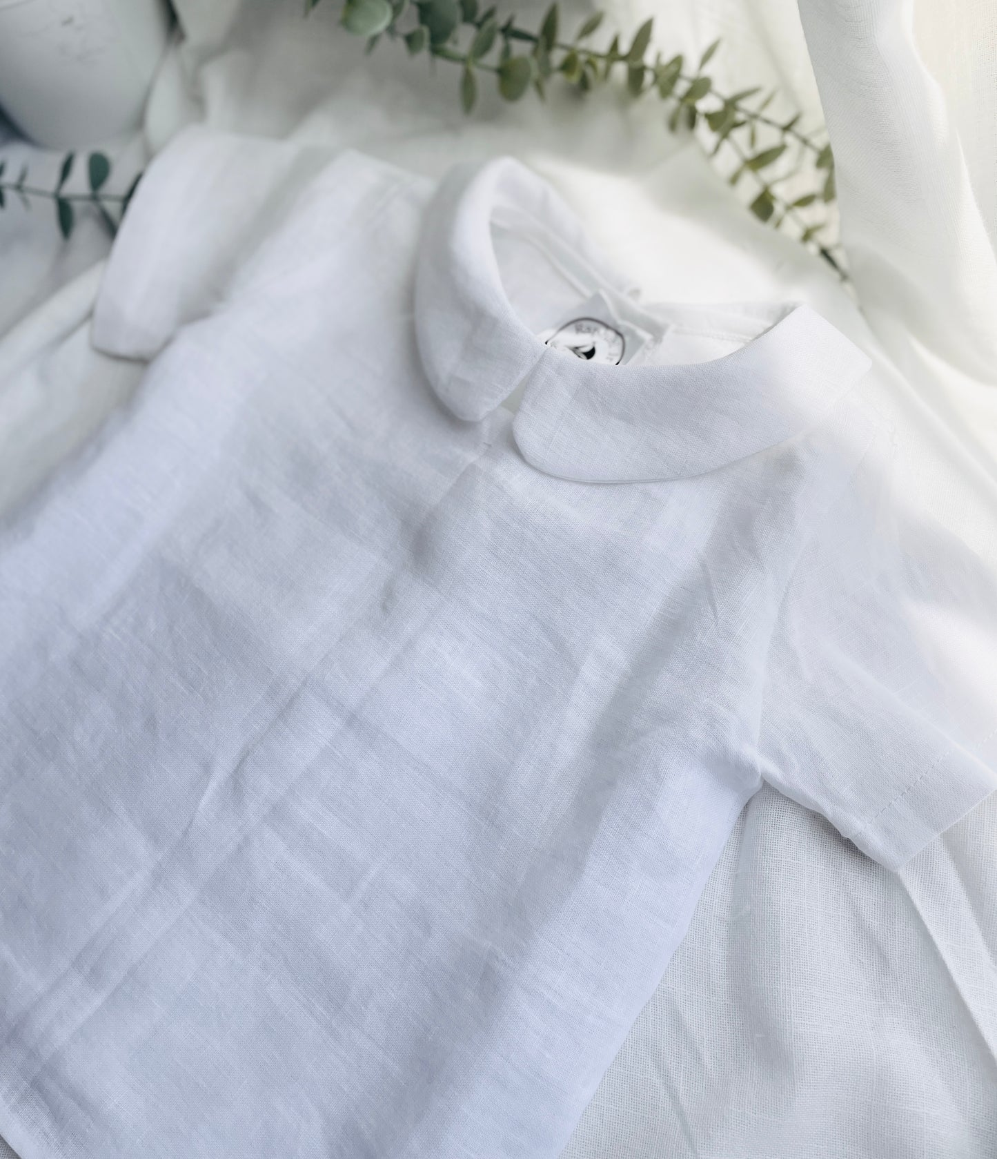 Pure linen white blouse shirt with round collar