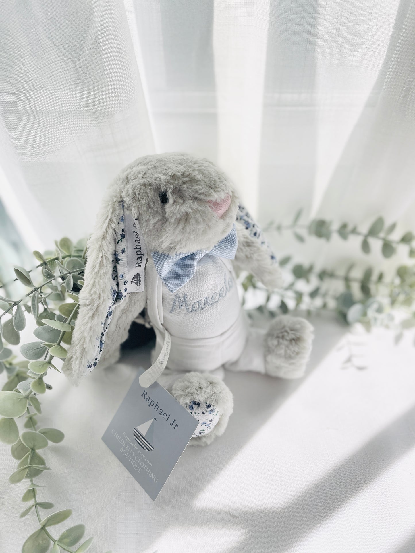 White and blue linen Baptism or Wedding Suit with Accessories and Embroidery Available