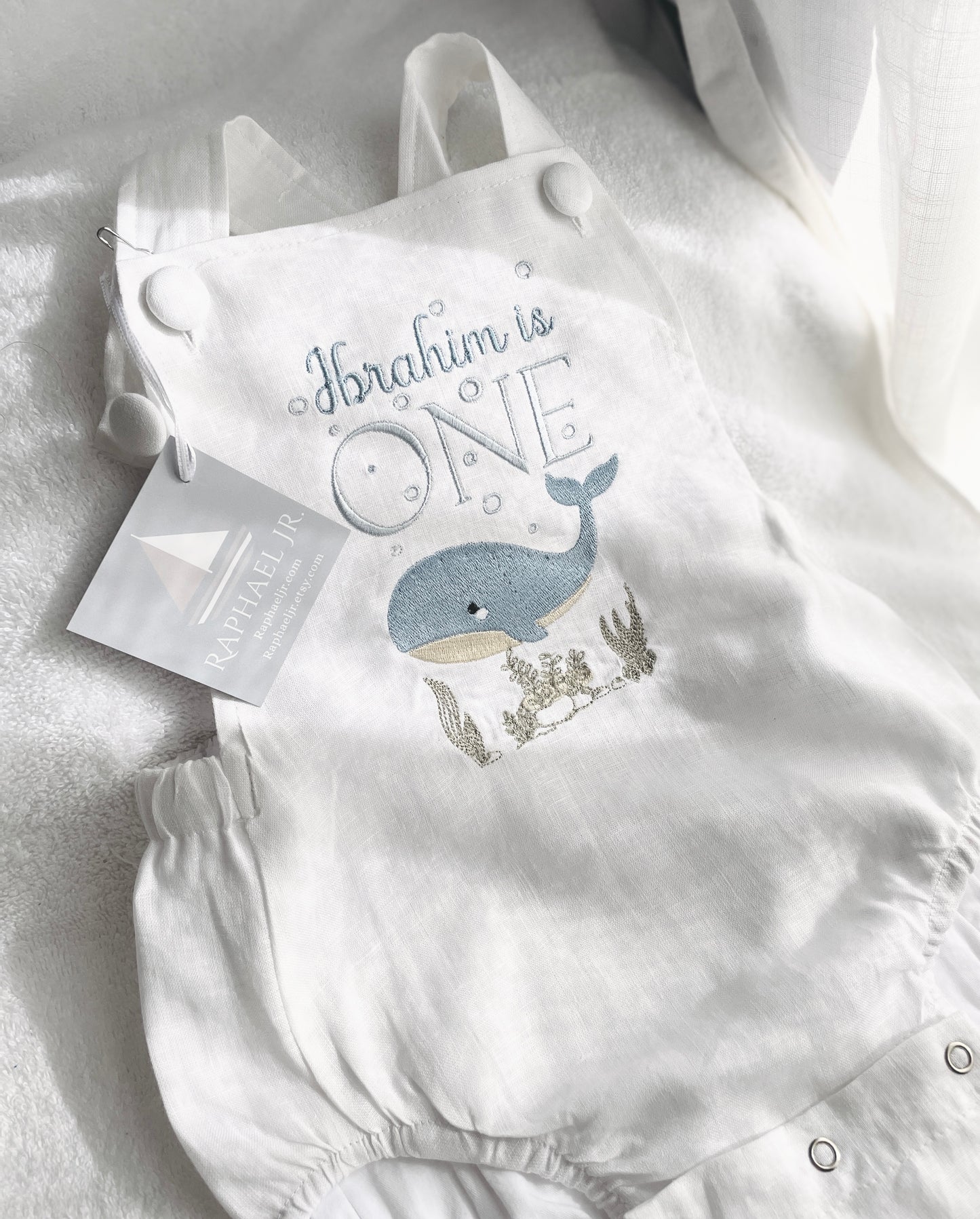 Boys White Linen birthday overalls one der the sea whale