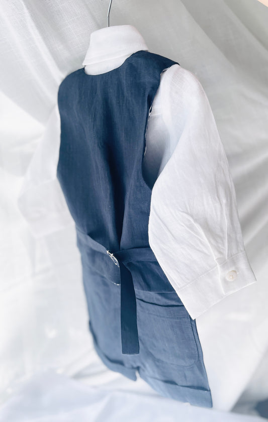 Navy blue linen summer set with vest, shorts, shirt, suspenders and bow tie plus optional jacket, embroidery, shoes and cap