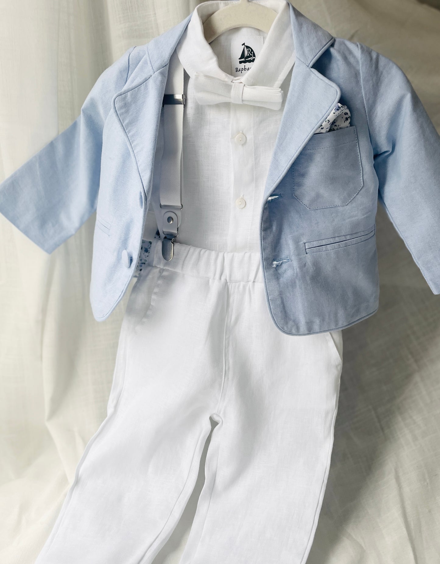 Baby and toddler boys pale blue chambray and and white linen full suit