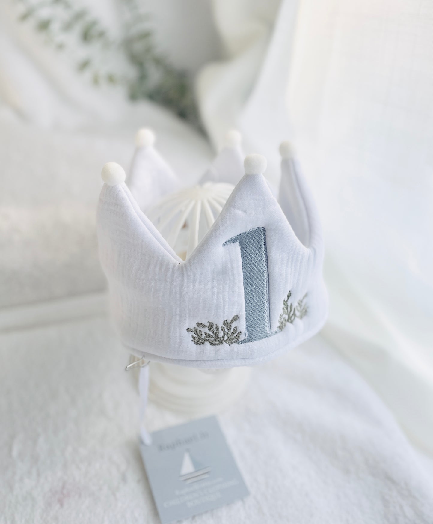 Beige or white Linen Birthday crown hat with embroidery