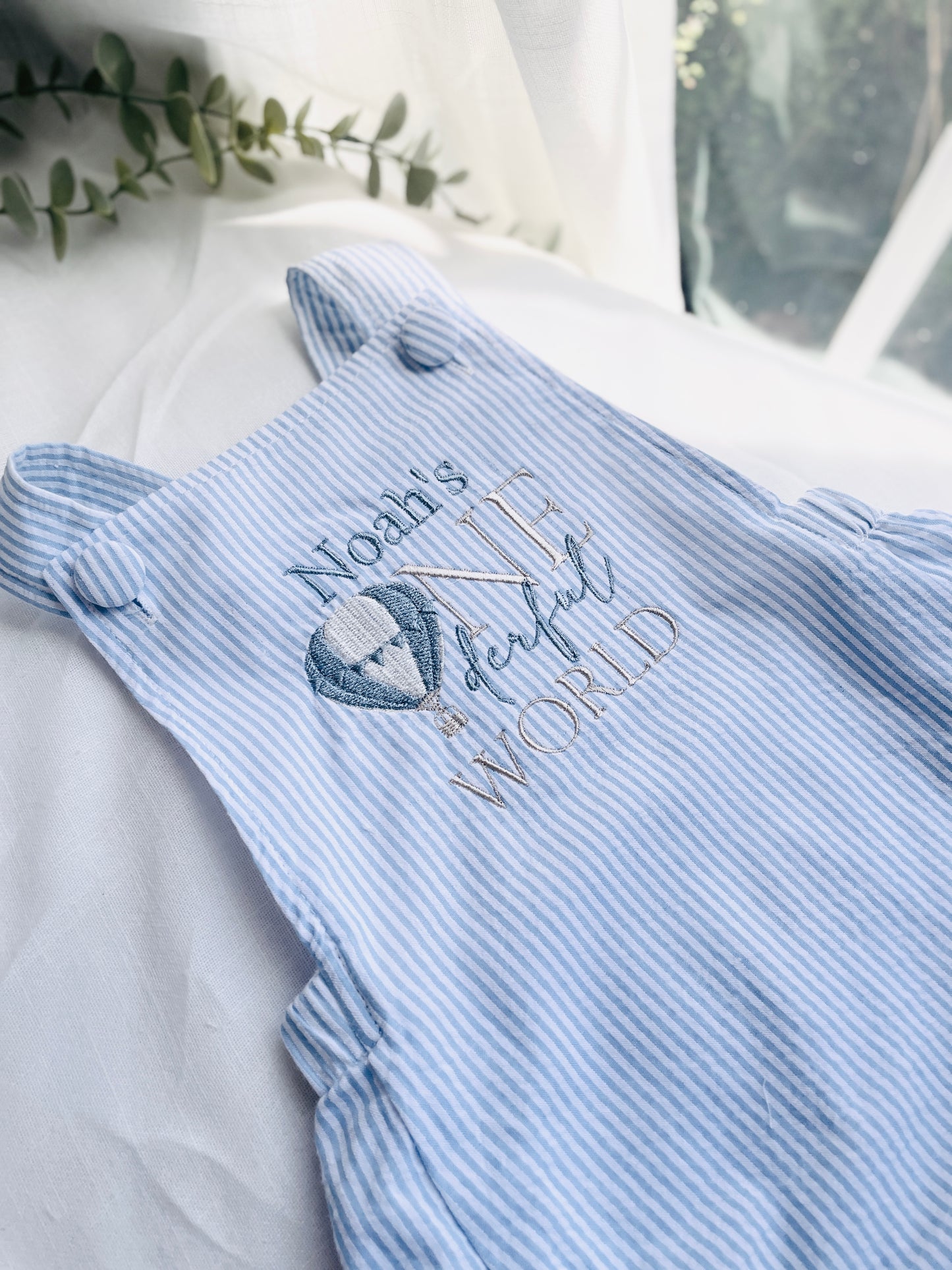 Boys Blue Seersucker Birthday romper overalls Peter Rabbit