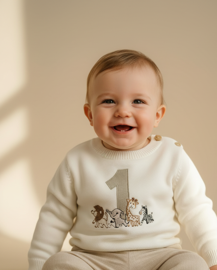 Birthday outfit with cotton onesie and embroidered jumper and linen pants