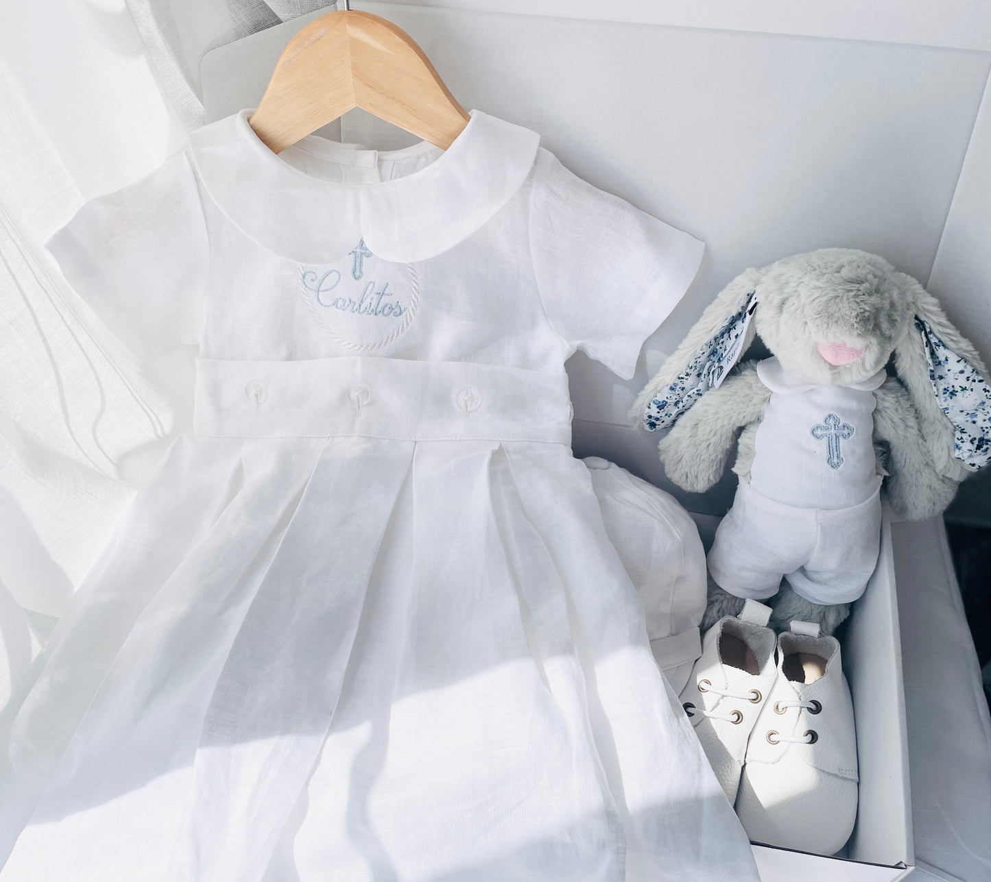 White Linen Baptism Gown romper with detachable skirt dress and optional embroidery