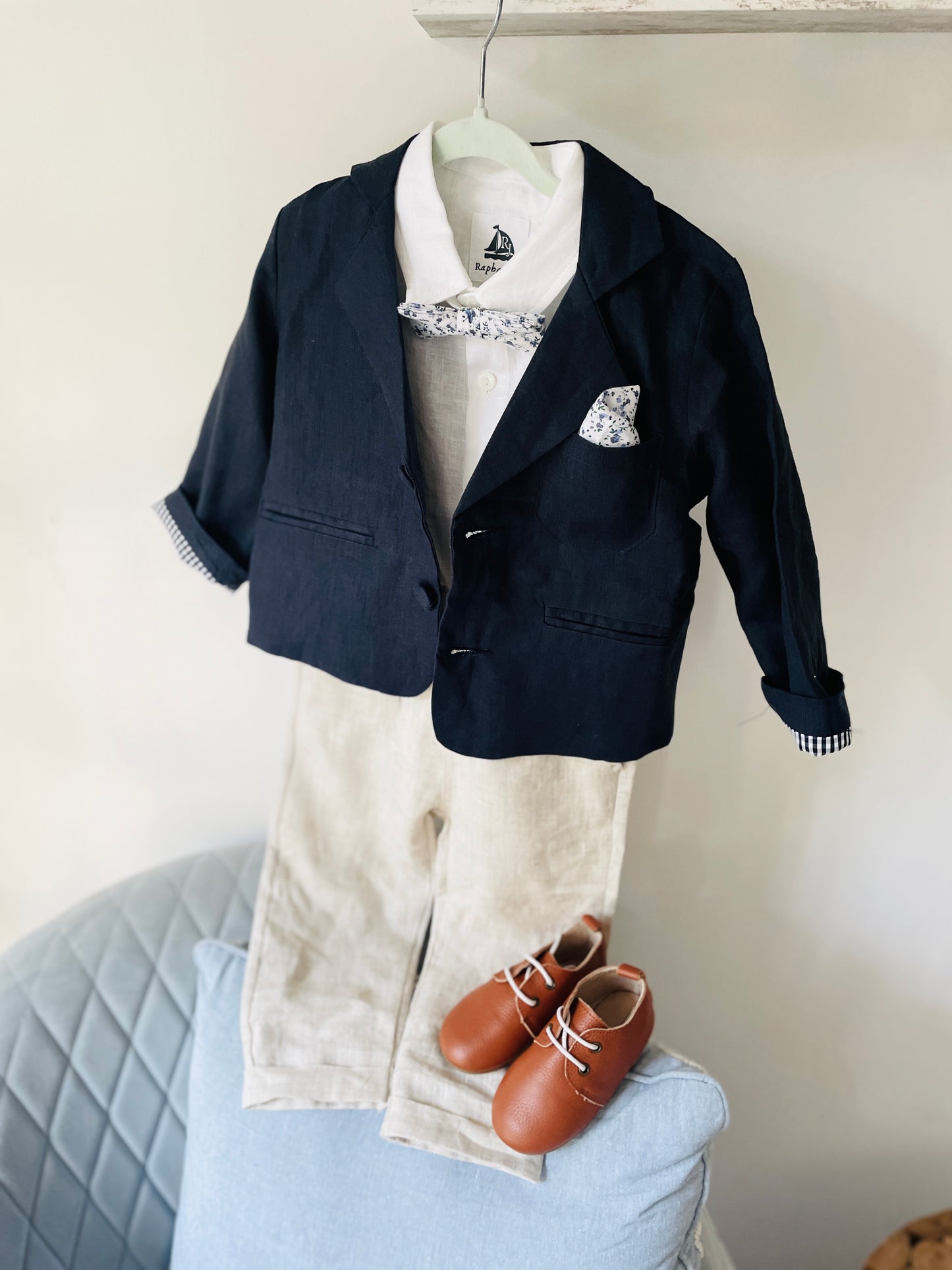 Navy blue and beige formal baptism or wedding suit with accessories and optional personalisation