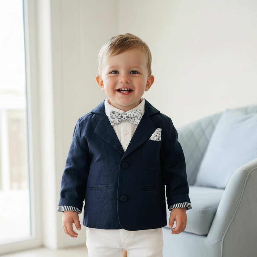 Navy blue and white linen boys formal baptism or wedding suit
