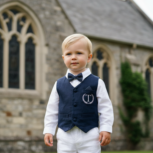 Boys Navy blue vest with white linen suit set